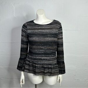 AGB Women's Top XL Gray Black Striped Long Sleeve Ruffle Career Whimsygoth